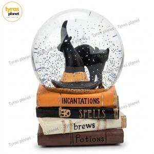 Halloween Musical Snow Glitter Globe Black Cat Witch Hat Spell Books Witchy